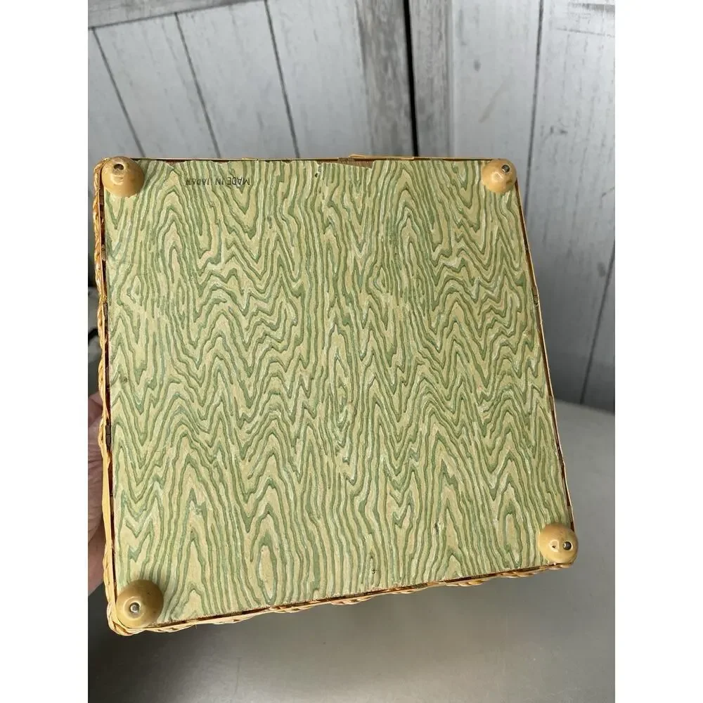 Vintage 70s Sewing Basket Retro Square Woven Blue Green Floral Psychedelic Japan